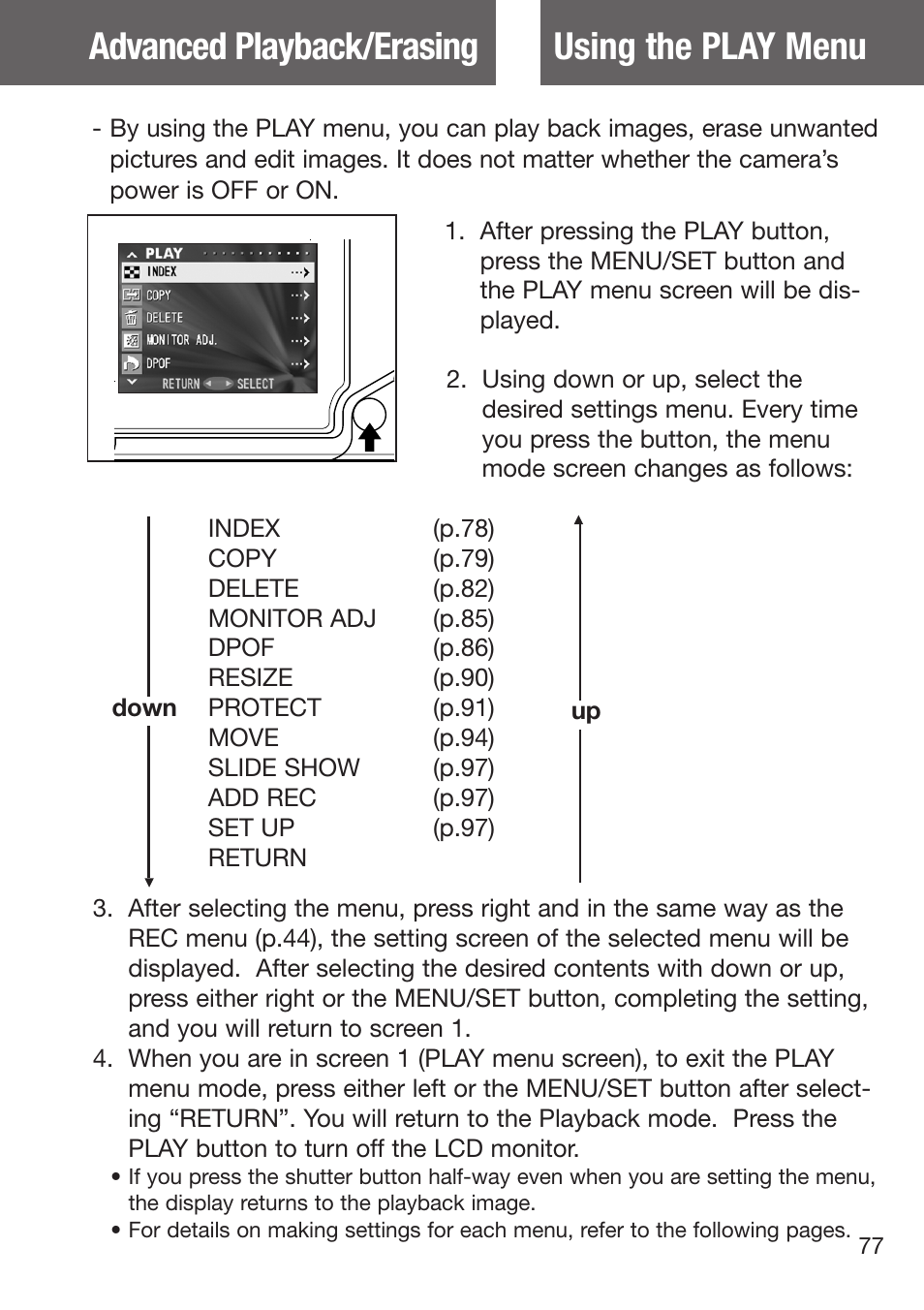 Using the play menu, Using the play menu advanced playback/erasing | Konica Minolta DiMAGE G500 User Manual | Page 77 / 126