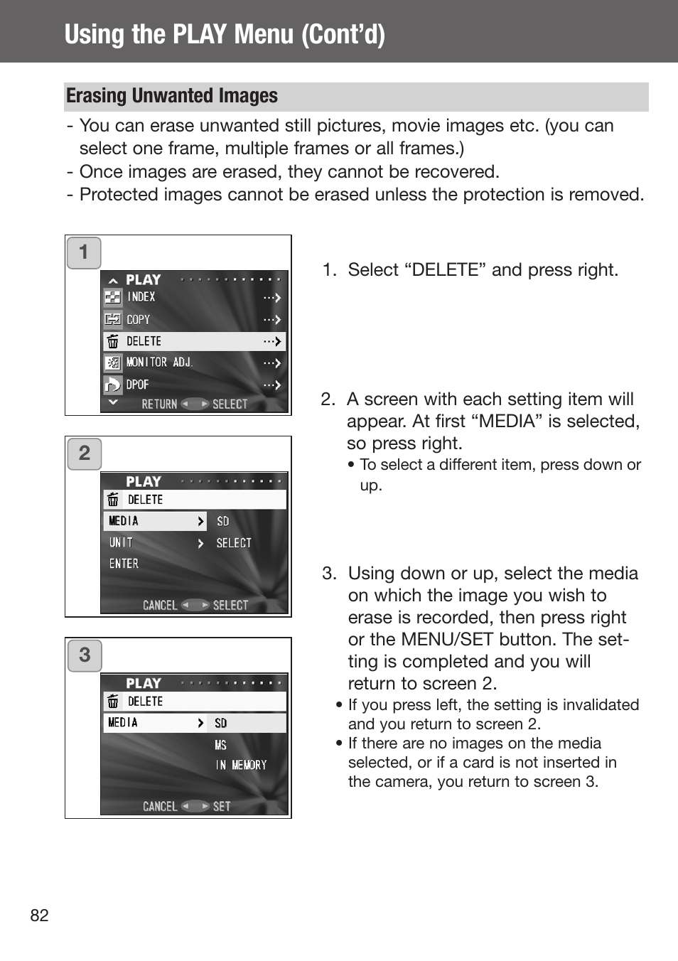 Erasing unwanted images, Using the play menu (cont’d) | Konica Minolta DiMAGE G500 User Manual | Page 82 / 126