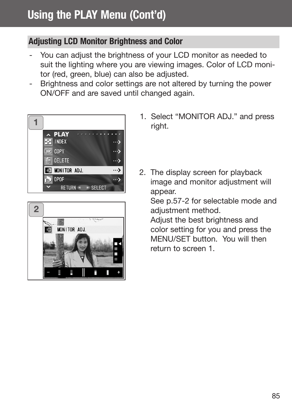 Adjusting lcd monitor brightness and color, Using the play menu (cont’d) | Konica Minolta DiMAGE G500 User Manual | Page 85 / 126