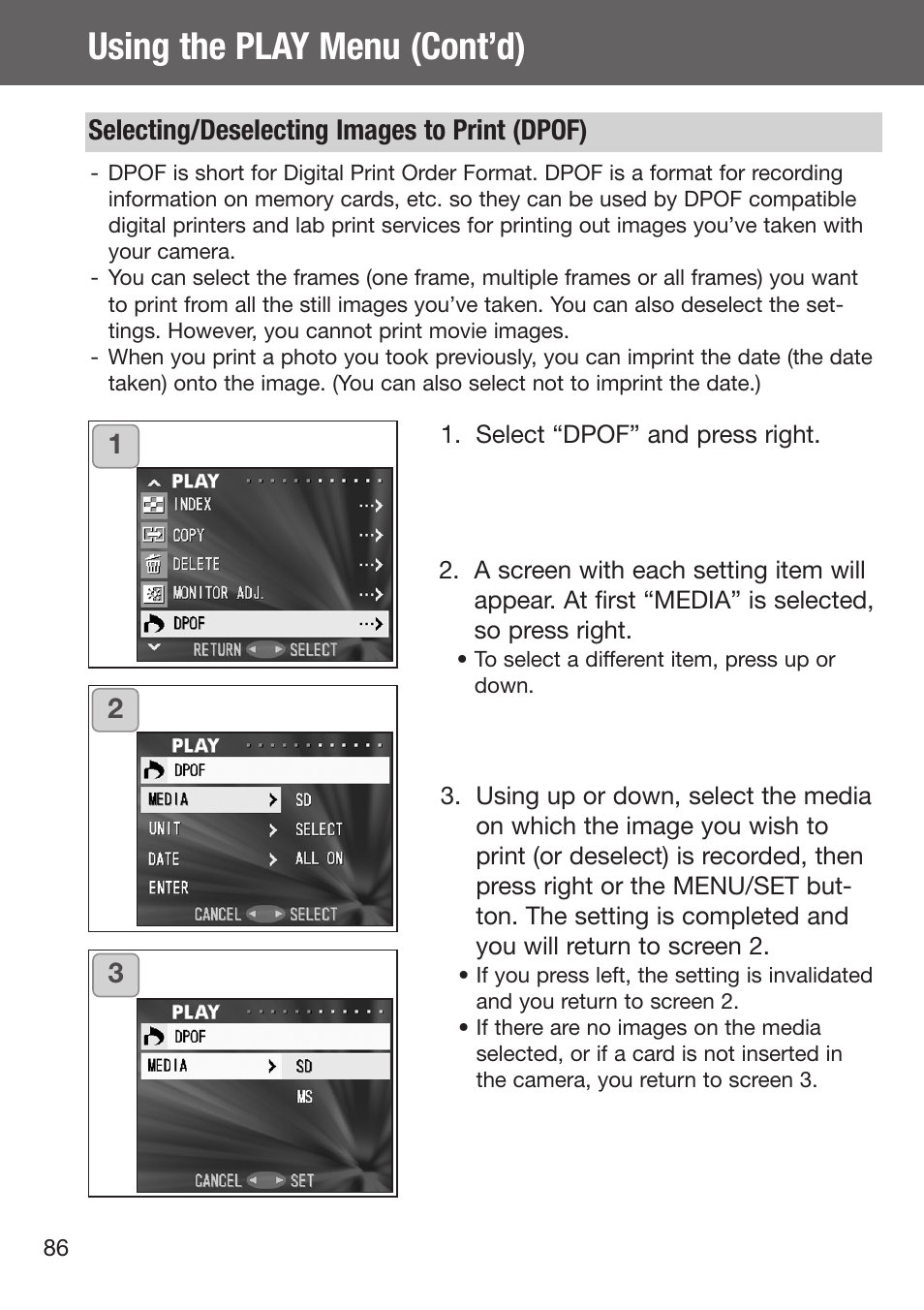 Selecting/deselecting images to print (dpof), Using the play menu (cont’d) | Konica Minolta DiMAGE G500 User Manual | Page 86 / 126