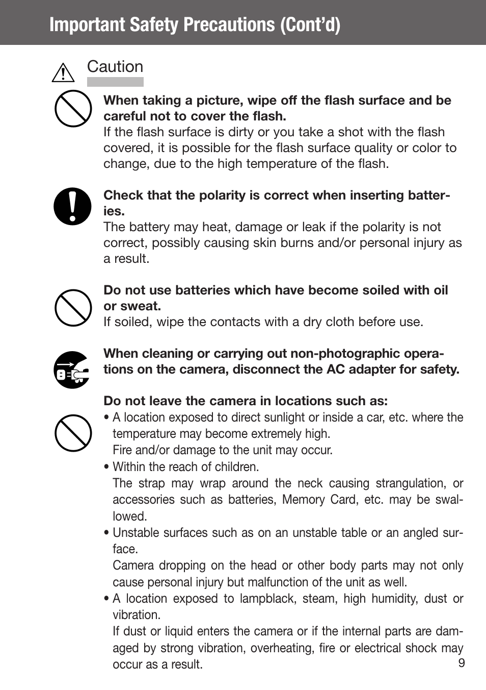 Important safety precautions (cont’d), Caution | Konica Minolta DiMAGE G500 User Manual | Page 9 / 126