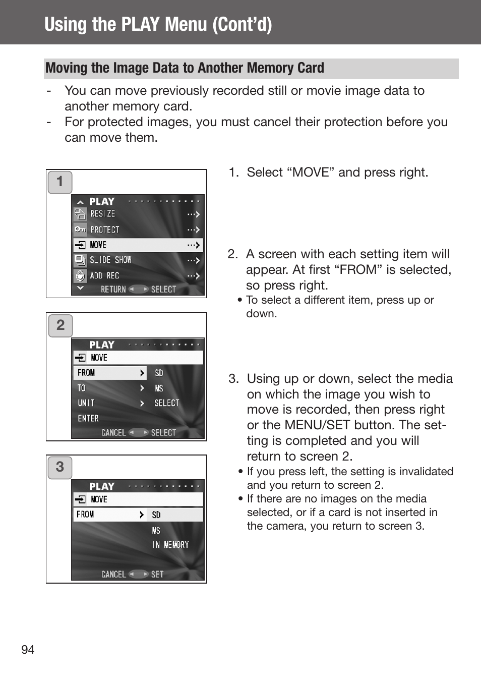 Moving the image data to another memory card, Using the play menu (cont’d) | Konica Minolta DiMAGE G500 User Manual | Page 94 / 126
