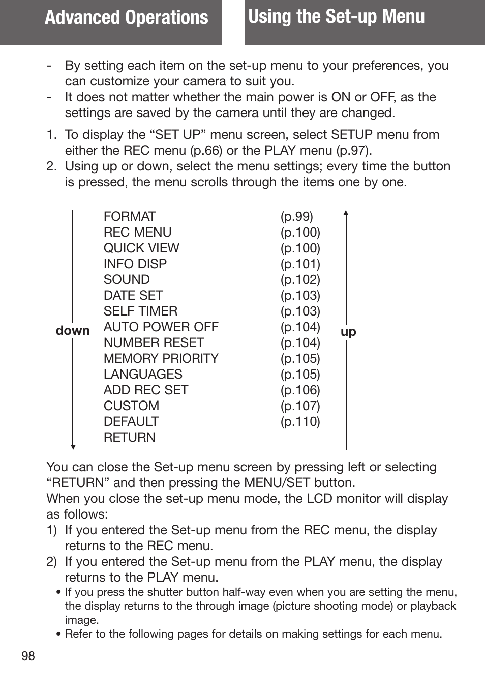 Using the set-up menu, Using the set-up menu advanced operations | Konica Minolta DiMAGE G500 User Manual | Page 98 / 126