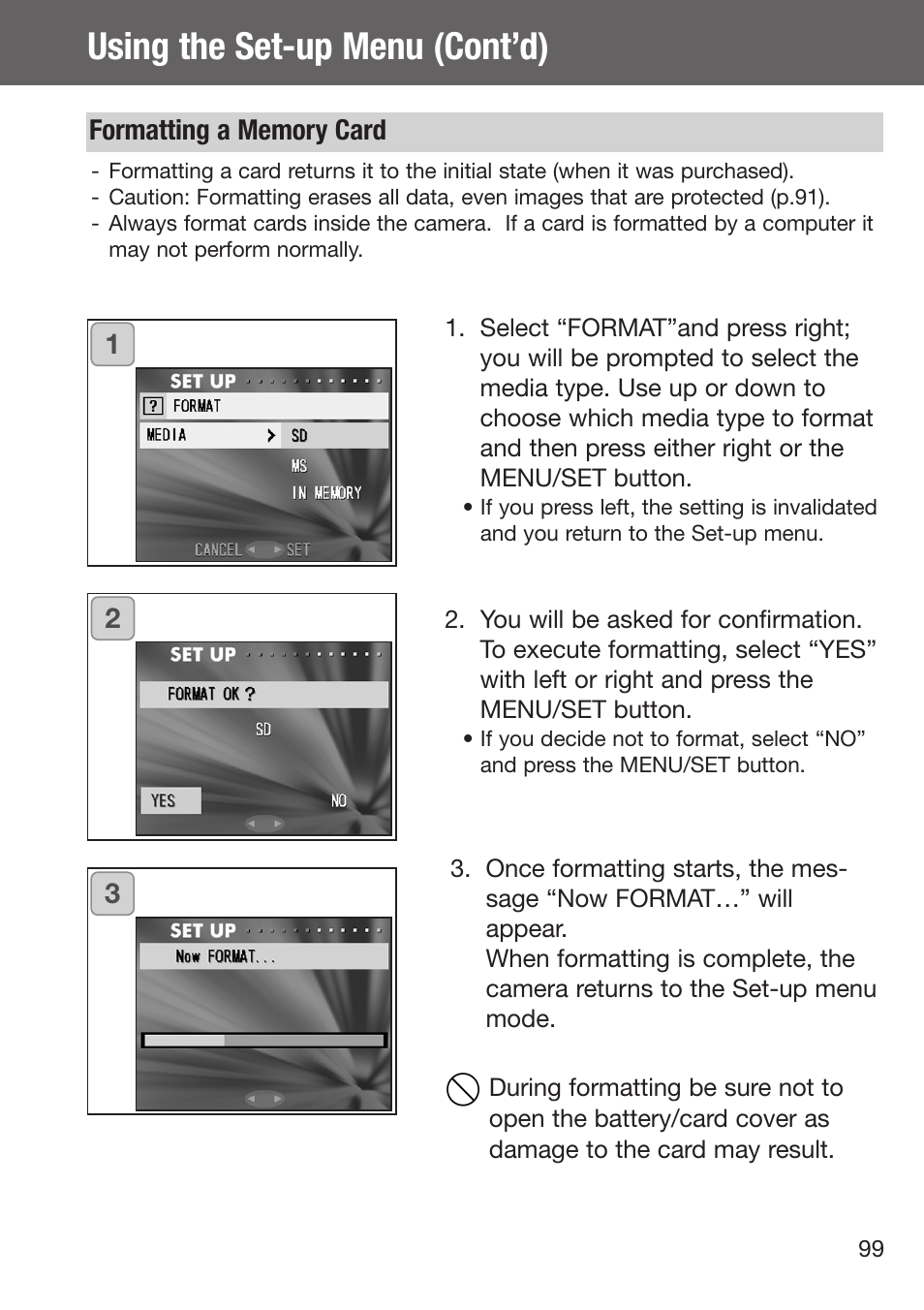 Formatting a memory card, Using the set-up menu (cont’d) | Konica Minolta DiMAGE G500 User Manual | Page 99 / 126