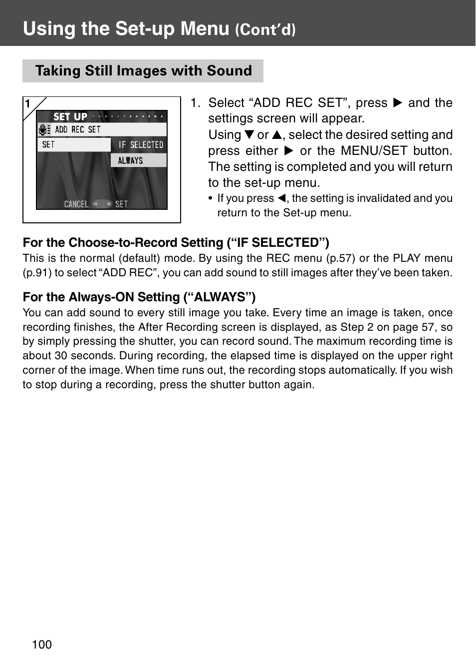Taking still images with sound, Using the set-up menu, Cont’d) | Konica Minolta Digital Revio KD-500Z User Manual | Page 100 / 125