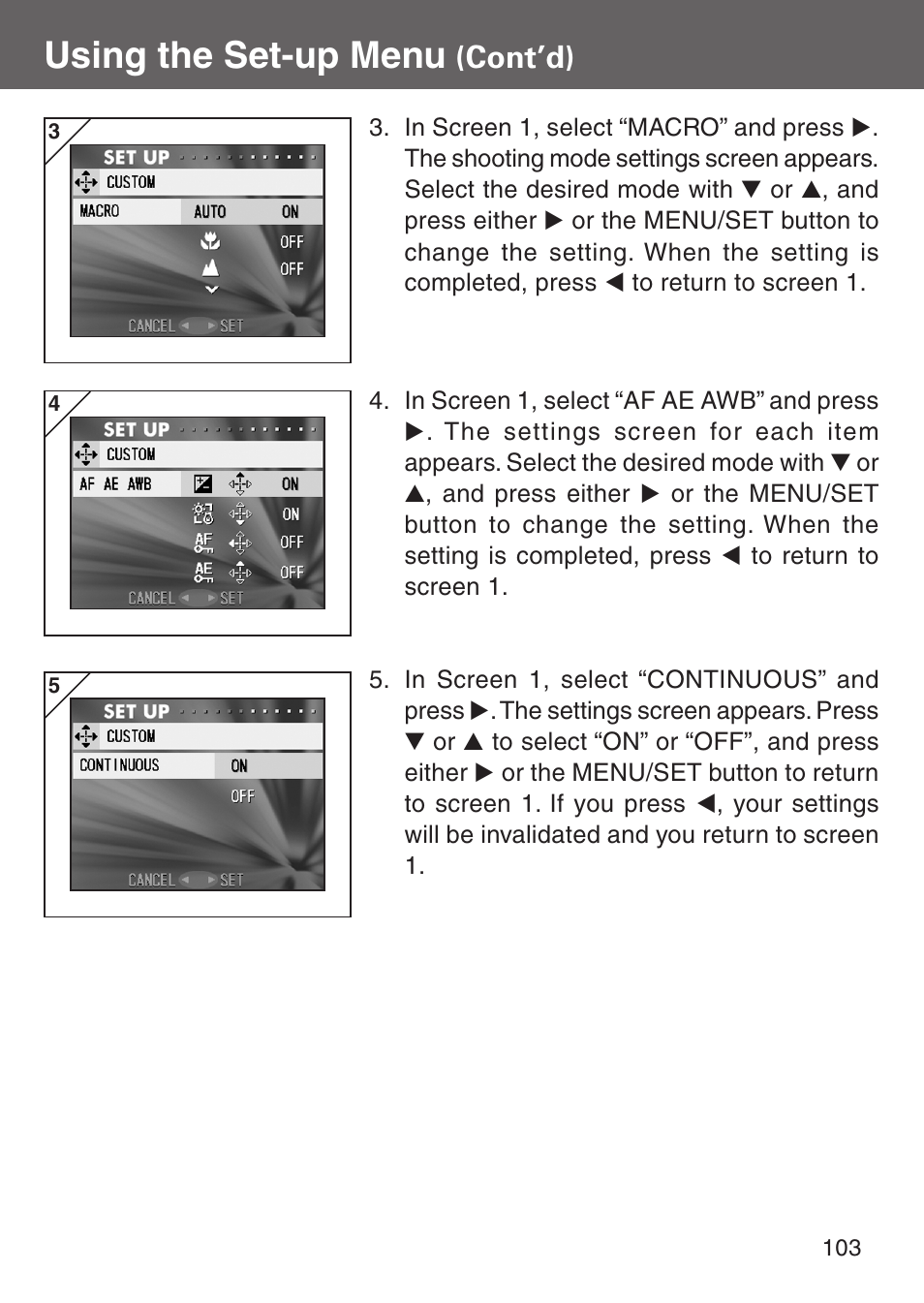 Using the set-up menu, Cont’d) | Konica Minolta Digital Revio KD-500Z User Manual | Page 103 / 125