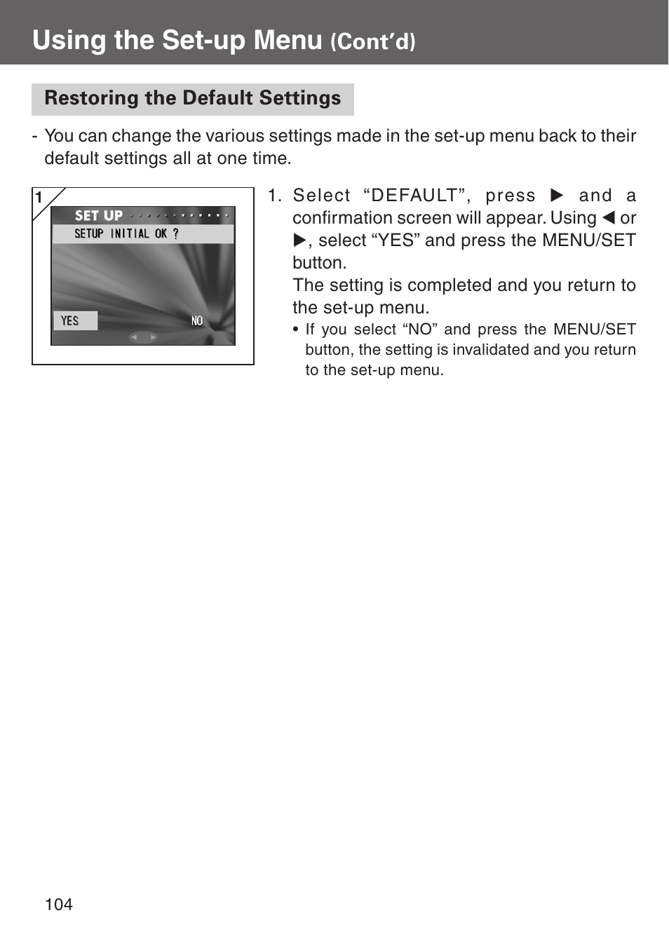 Restoring the default settings, Using the set-up menu, Cont’d) | Konica Minolta Digital Revio KD-500Z User Manual | Page 104 / 125