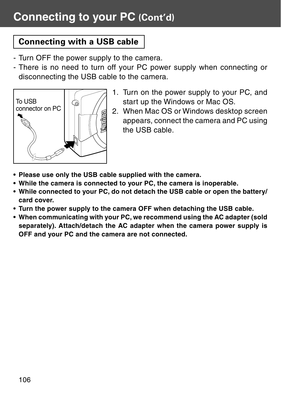 Connecting with a usb cable, Connecting to your pc, Cont’d) | Konica Minolta Digital Revio KD-500Z User Manual | Page 106 / 125