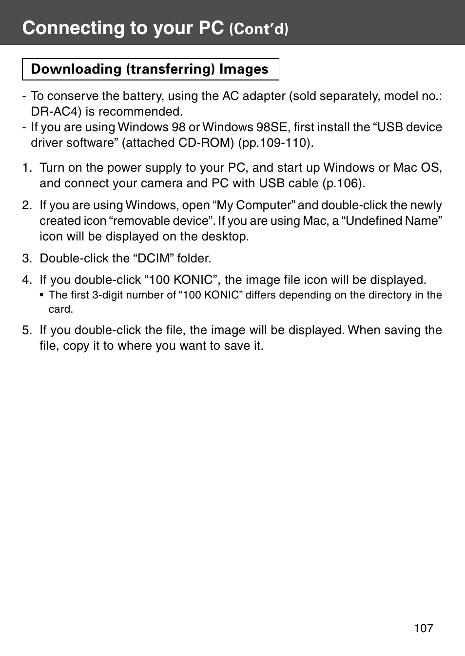 Downloading (transferring) images, Connecting to your pc, Cont’d) | Konica Minolta Digital Revio KD-500Z User Manual | Page 107 / 125