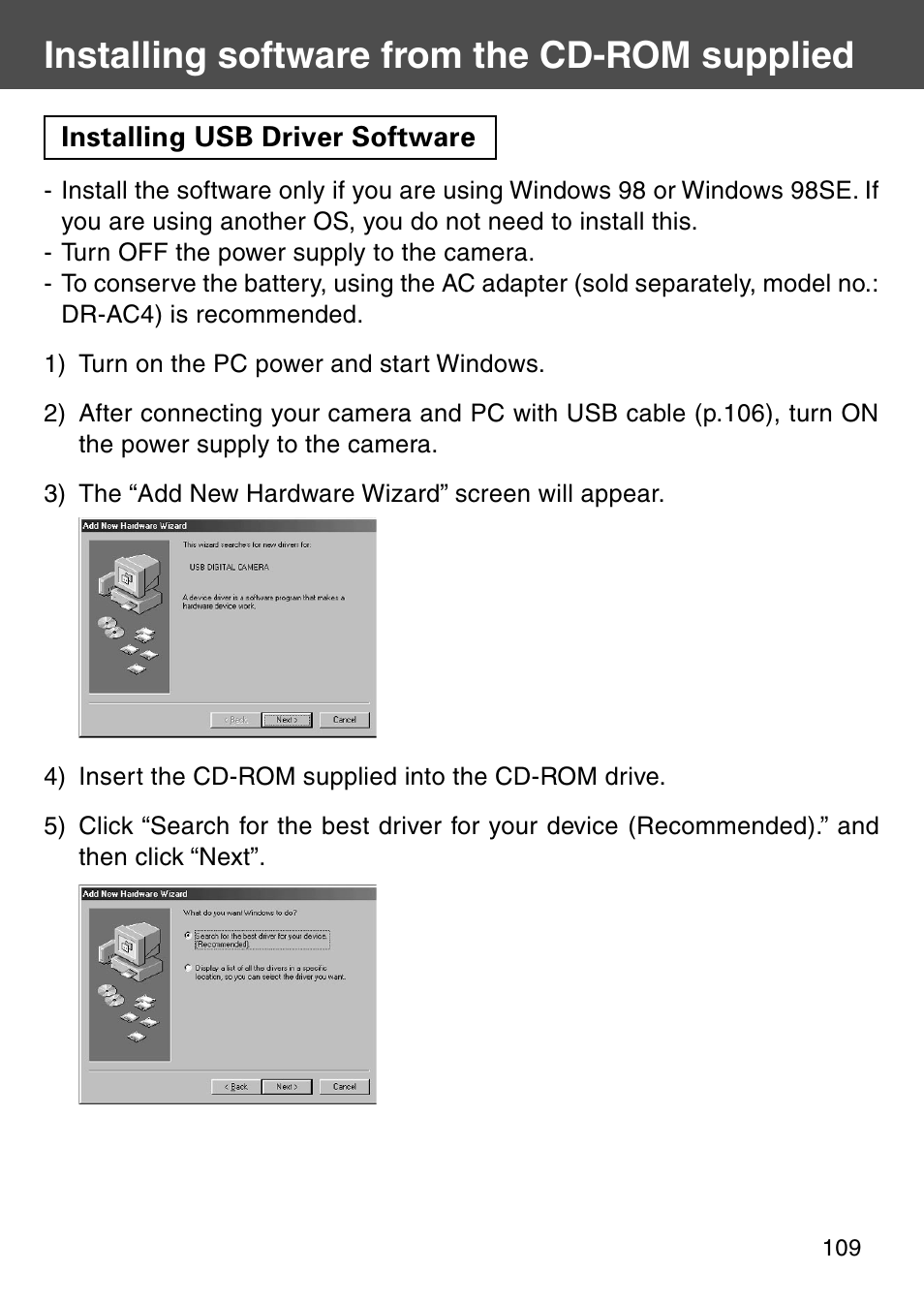 Installing software from the cd-rom supplied, Installing usb driver software | Konica Minolta Digital Revio KD-500Z User Manual | Page 109 / 125