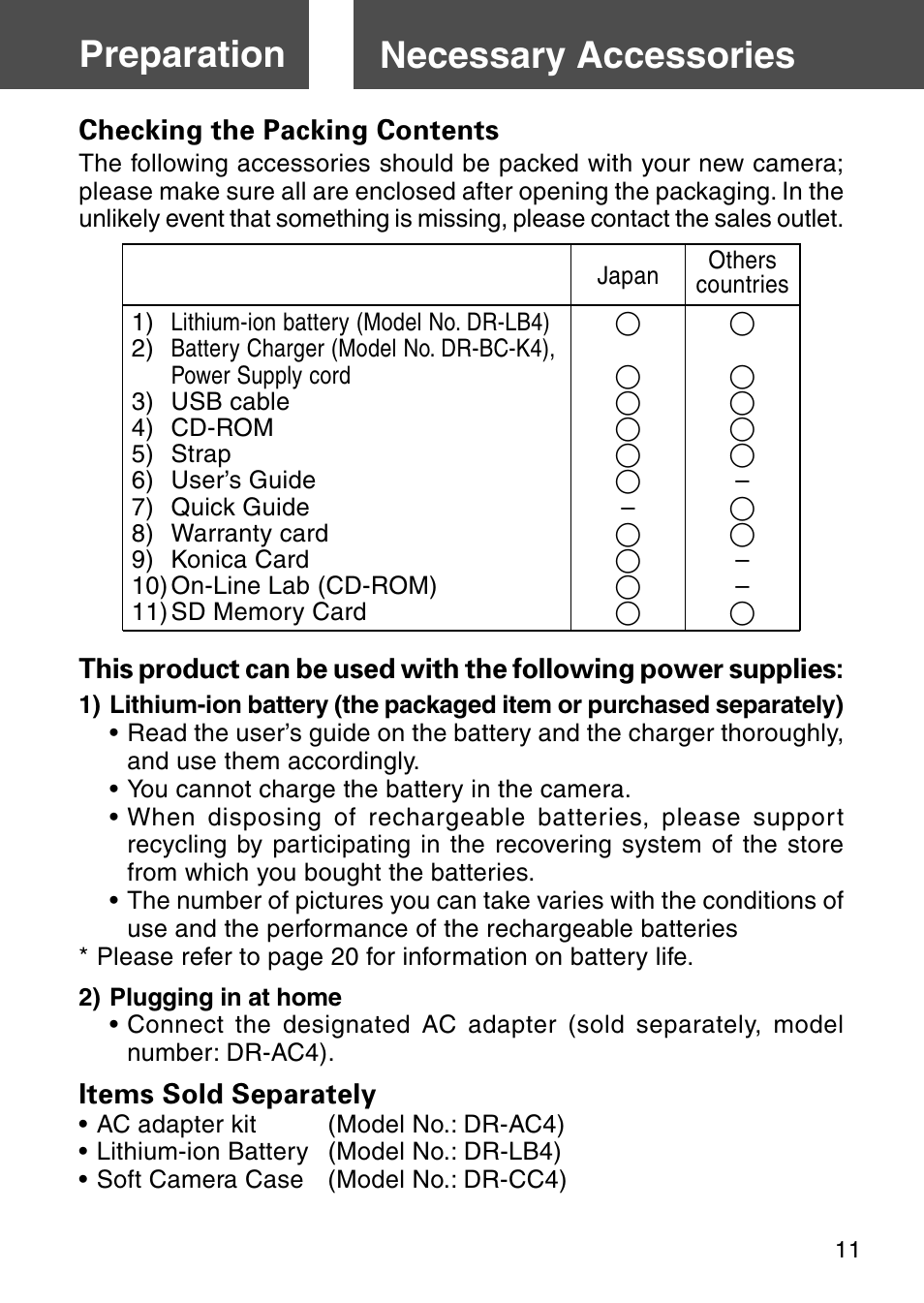 Preparation, Necessary accessories, Preparation necessary accessories | Konica Minolta Digital Revio KD-500Z User Manual | Page 11 / 125