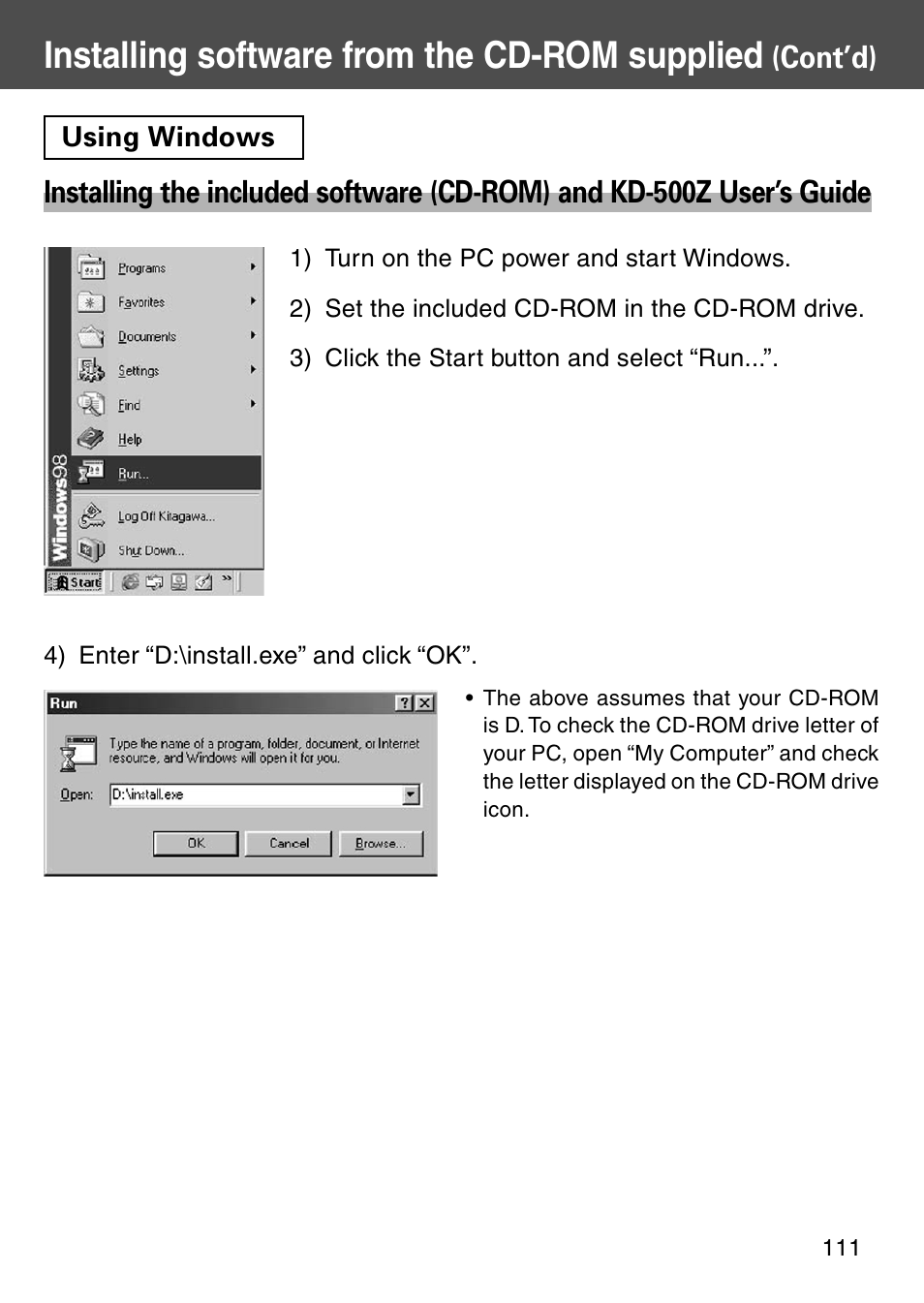 Using windows, Installing software from the cd-rom supplied, Cont’d) | Konica Minolta Digital Revio KD-500Z User Manual | Page 111 / 125