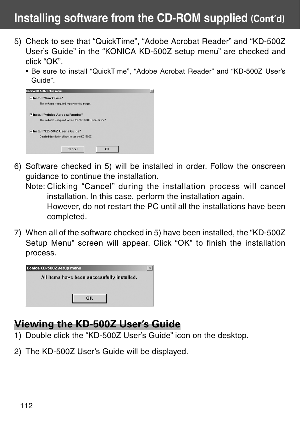 Installing software from the cd-rom supplied, Viewing the kd-500z user’s guide, Cont’d) | Konica Minolta Digital Revio KD-500Z User Manual | Page 112 / 125