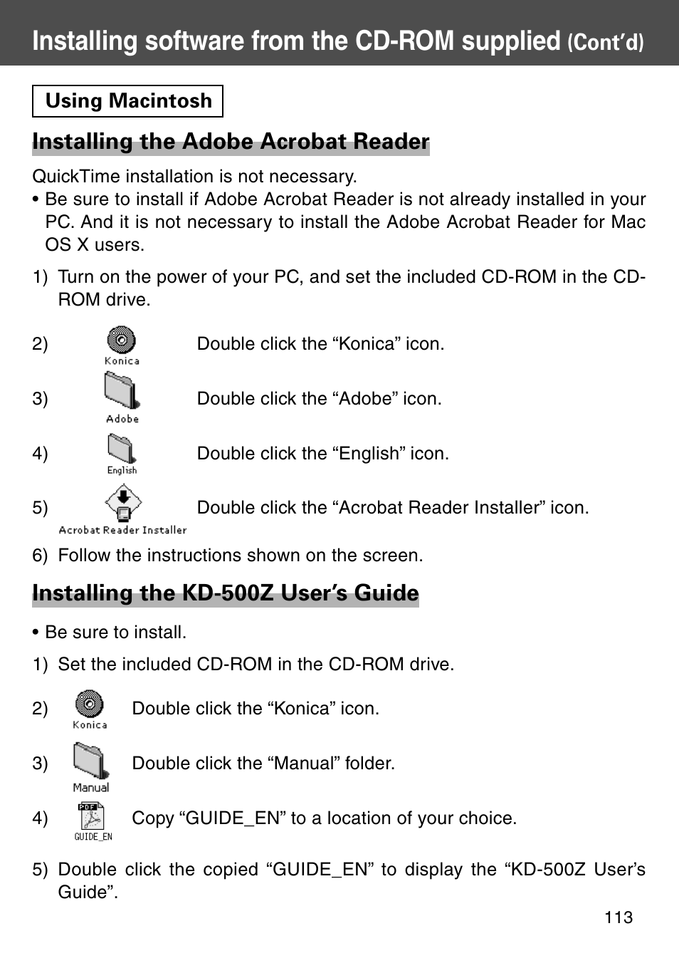 Using macintosh, Installing software from the cd-rom supplied, Installing the adobe acrobat reader | Installing the kd-500z user’s guide, Cont’d) | Konica Minolta Digital Revio KD-500Z User Manual | Page 113 / 125