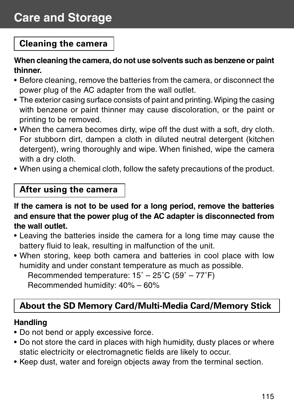 Care and storage | Konica Minolta Digital Revio KD-500Z User Manual | Page 115 / 125