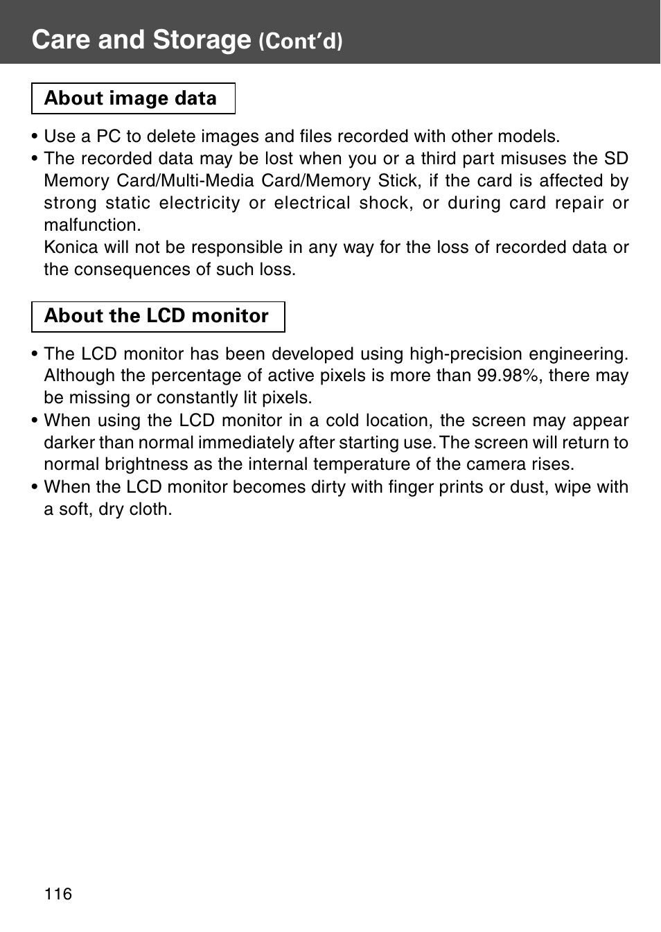 Care and storage, Cont’d) | Konica Minolta Digital Revio KD-500Z User Manual | Page 116 / 125