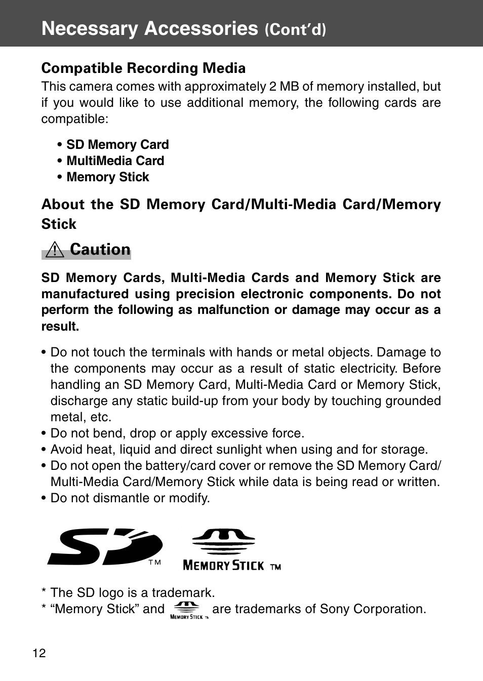 Necessary accessories, Cont’d), Caution | Konica Minolta Digital Revio KD-500Z User Manual | Page 12 / 125