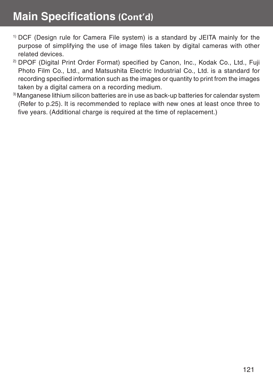 Main specifications, Cont’d) | Konica Minolta Digital Revio KD-500Z User Manual | Page 121 / 125