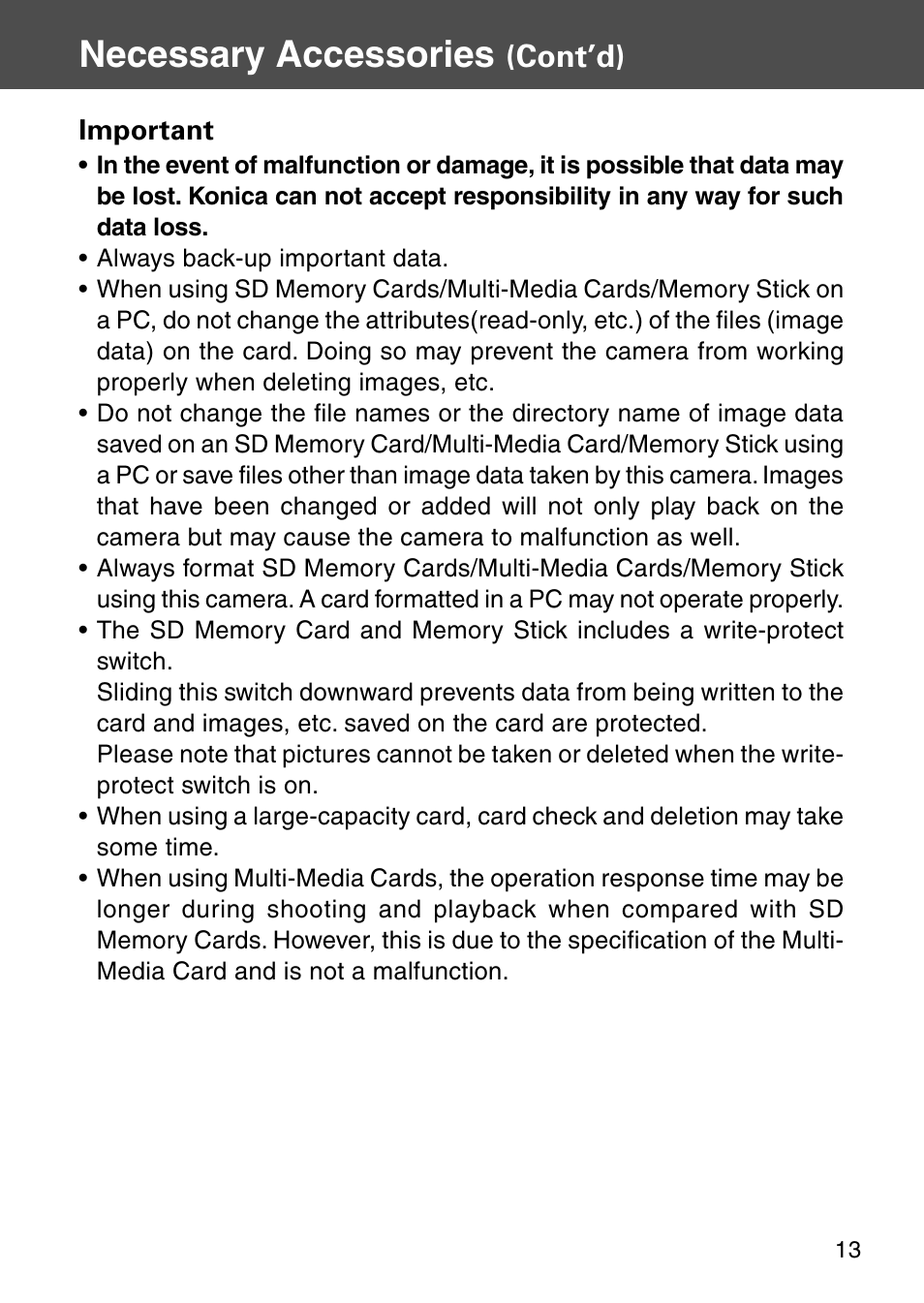 Necessary accessories, Cont’d) | Konica Minolta Digital Revio KD-500Z User Manual | Page 13 / 125