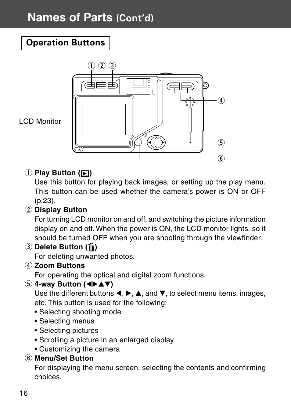 Operation buttons, Names of parts, Cont’d) | Konica Minolta Digital Revio KD-500Z User Manual | Page 16 / 125