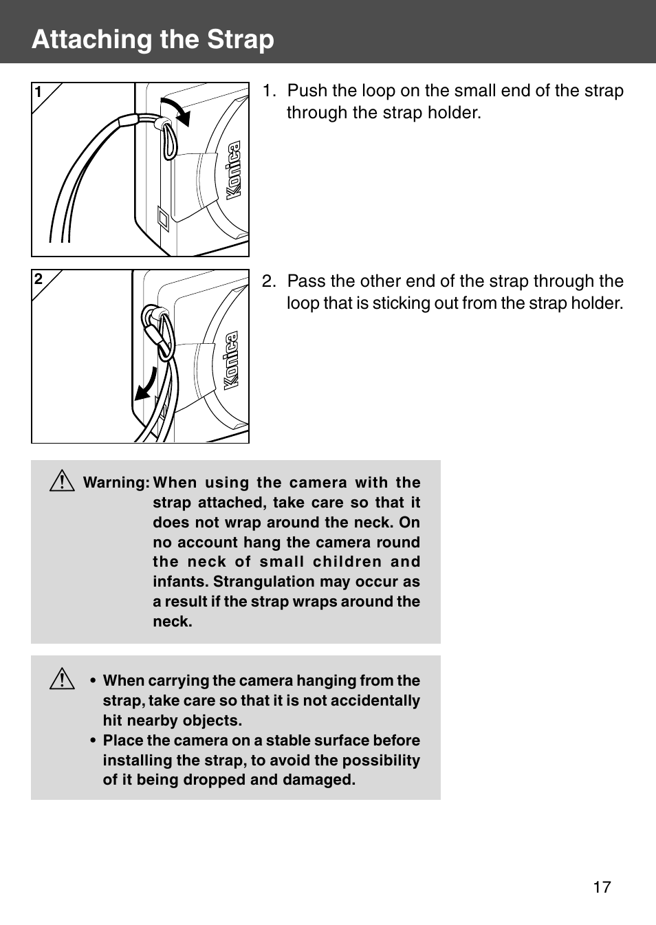 Attaching the strap | Konica Minolta Digital Revio KD-500Z User Manual | Page 17 / 125