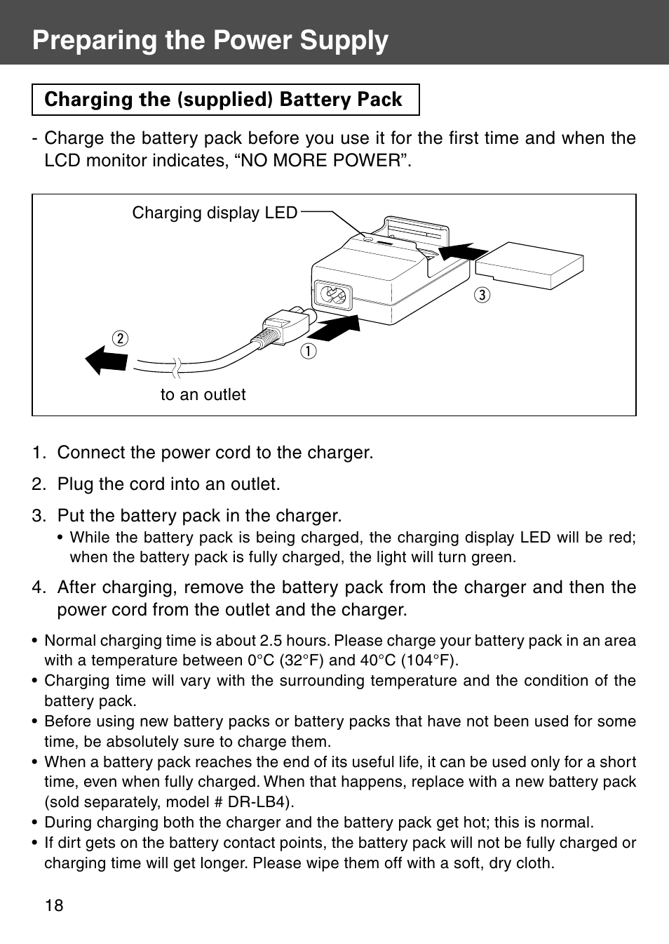Preparing the power supply, Charging the (supplied) battery pack | Konica Minolta Digital Revio KD-500Z User Manual | Page 18 / 125