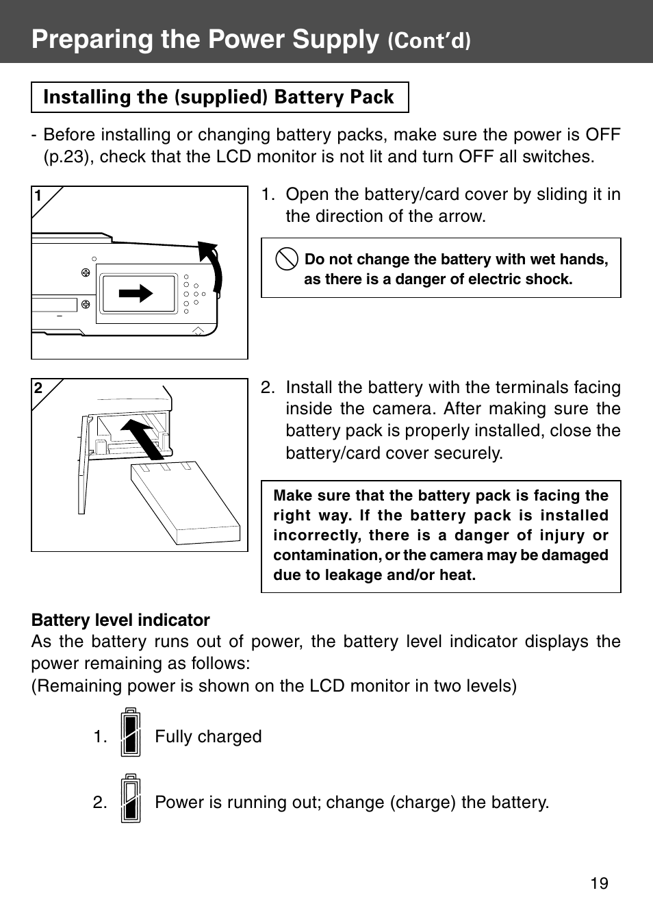 Installing the (supplied) battery pack, Preparing the power supply, Cont’d) | Konica Minolta Digital Revio KD-500Z User Manual | Page 19 / 125