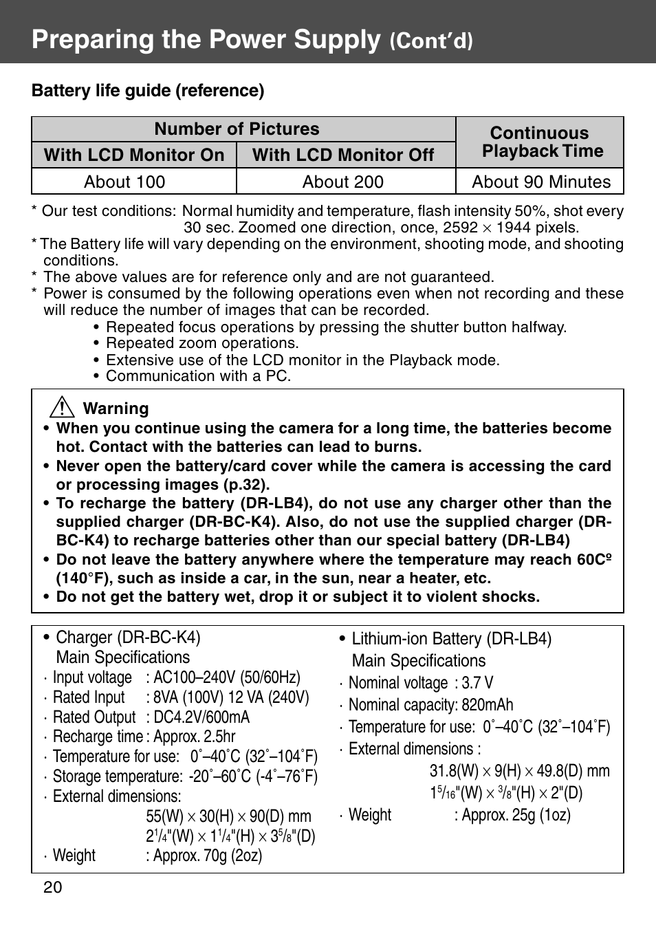 Preparing the power supply, Cont’d) | Konica Minolta Digital Revio KD-500Z User Manual | Page 20 / 125