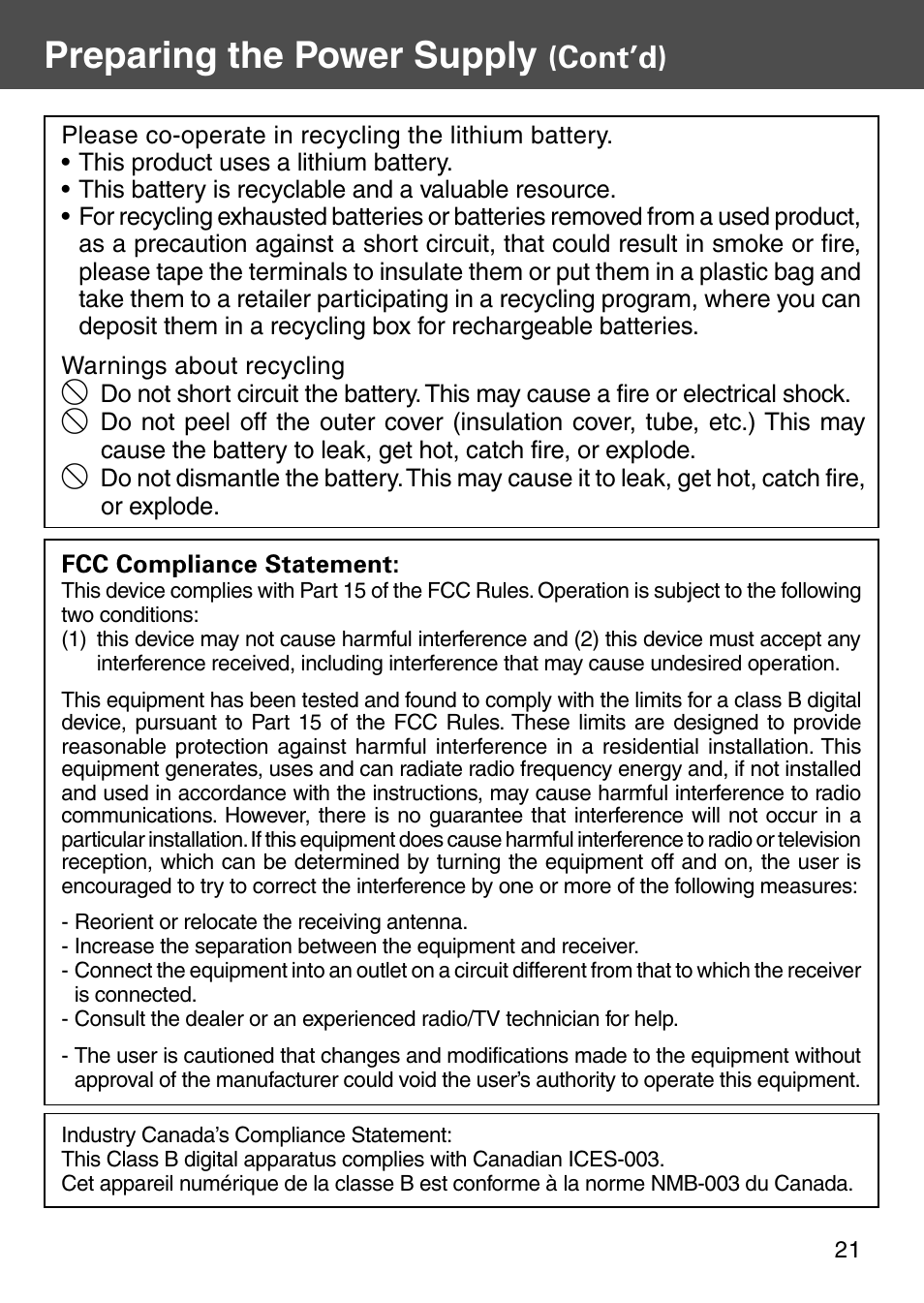 Preparing the power supply, Cont’d) | Konica Minolta Digital Revio KD-500Z User Manual | Page 21 / 125