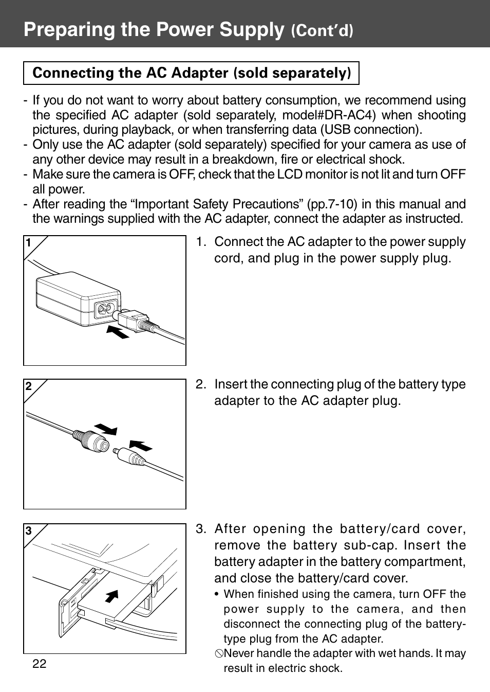 Connecting the ac adapter (sold separately), Preparing the power supply, Cont’d) | Konica Minolta Digital Revio KD-500Z User Manual | Page 22 / 125