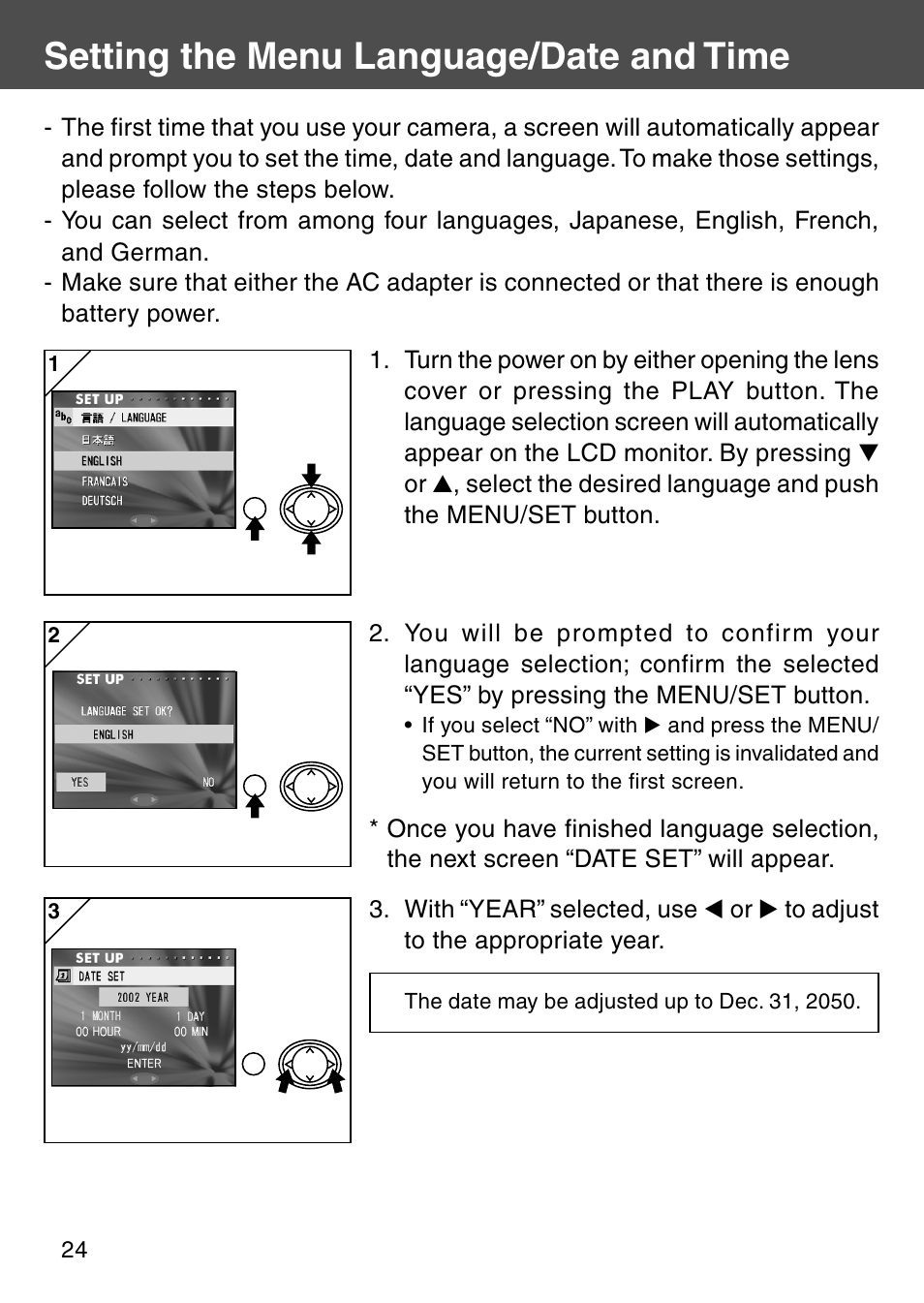 Setting the menu language/date and time | Konica Minolta Digital Revio KD-500Z User Manual | Page 24 / 125