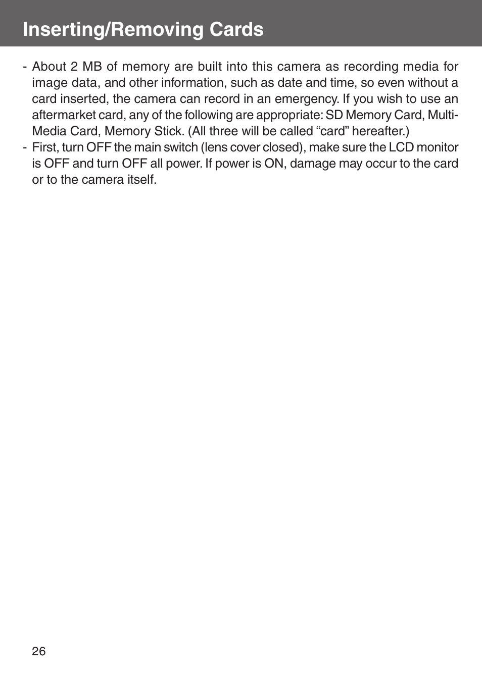 Inserting/removing cards | Konica Minolta Digital Revio KD-500Z User Manual | Page 26 / 125