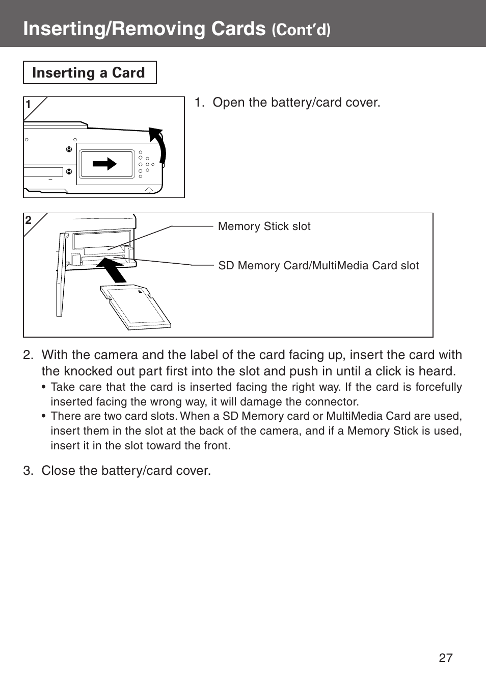 Inserting/removing cards, Cont’d) | Konica Minolta Digital Revio KD-500Z User Manual | Page 27 / 125