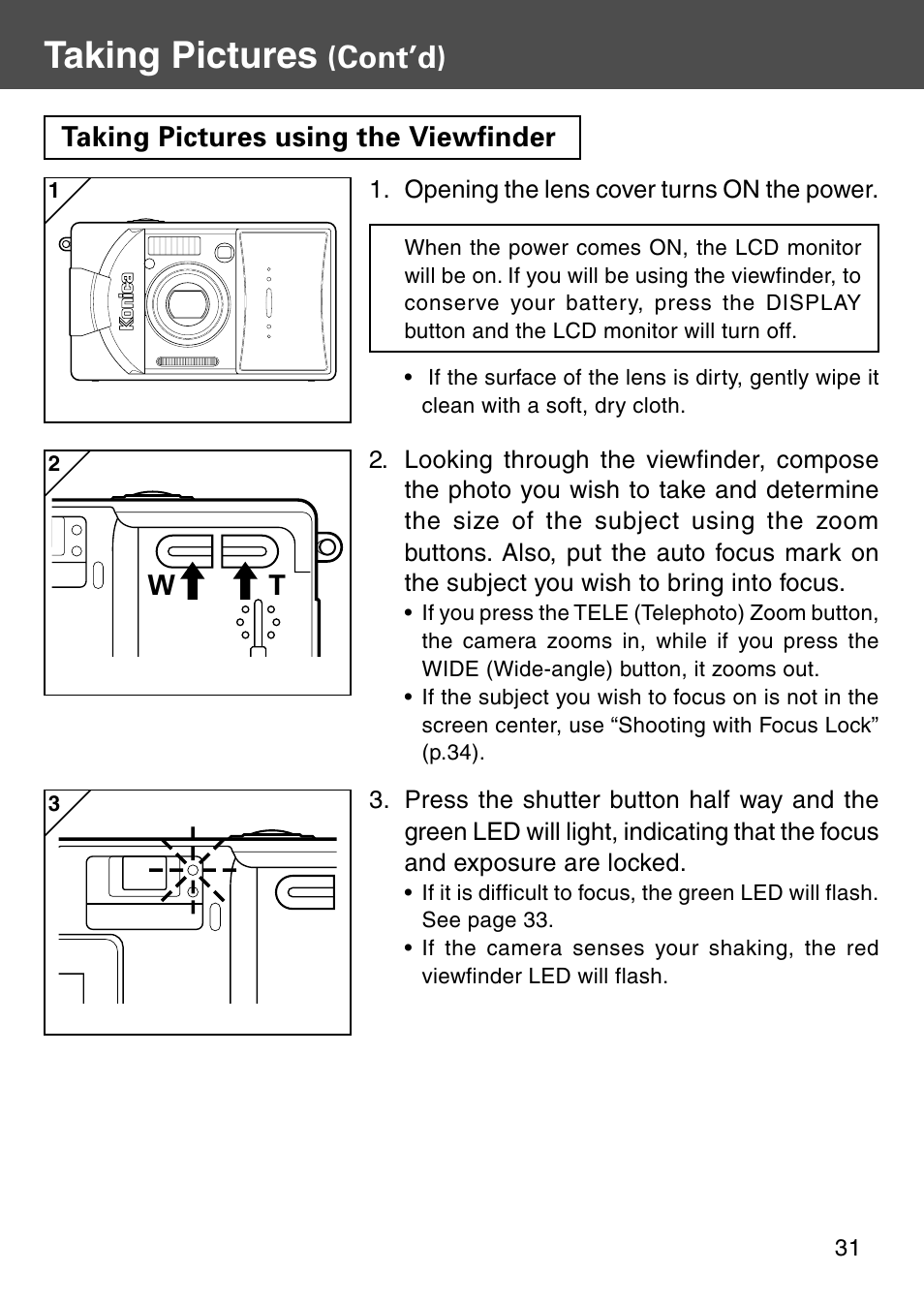 Taking pictures using the viewfinder, Taking pictures, Cont’d) | Konica Minolta Digital Revio KD-500Z User Manual | Page 31 / 125