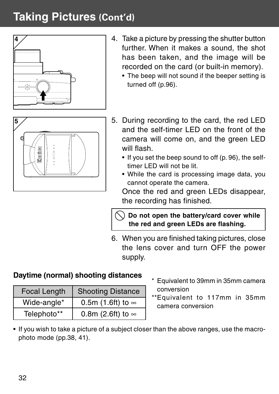 Taking pictures, Cont’d) | Konica Minolta Digital Revio KD-500Z User Manual | Page 32 / 125