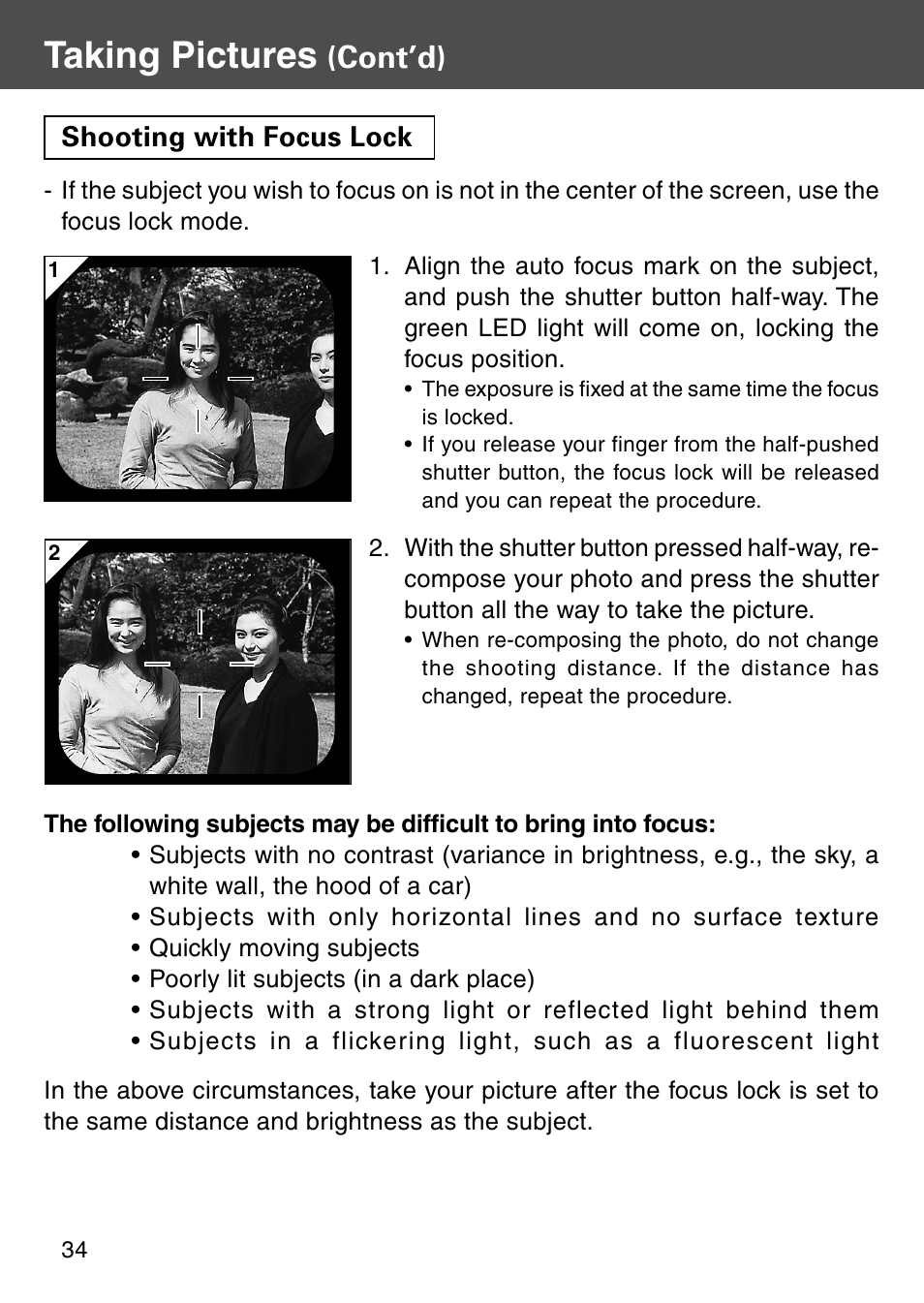 Shooting with focus lock, Taking pictures, Cont’d) | Konica Minolta Digital Revio KD-500Z User Manual | Page 34 / 125