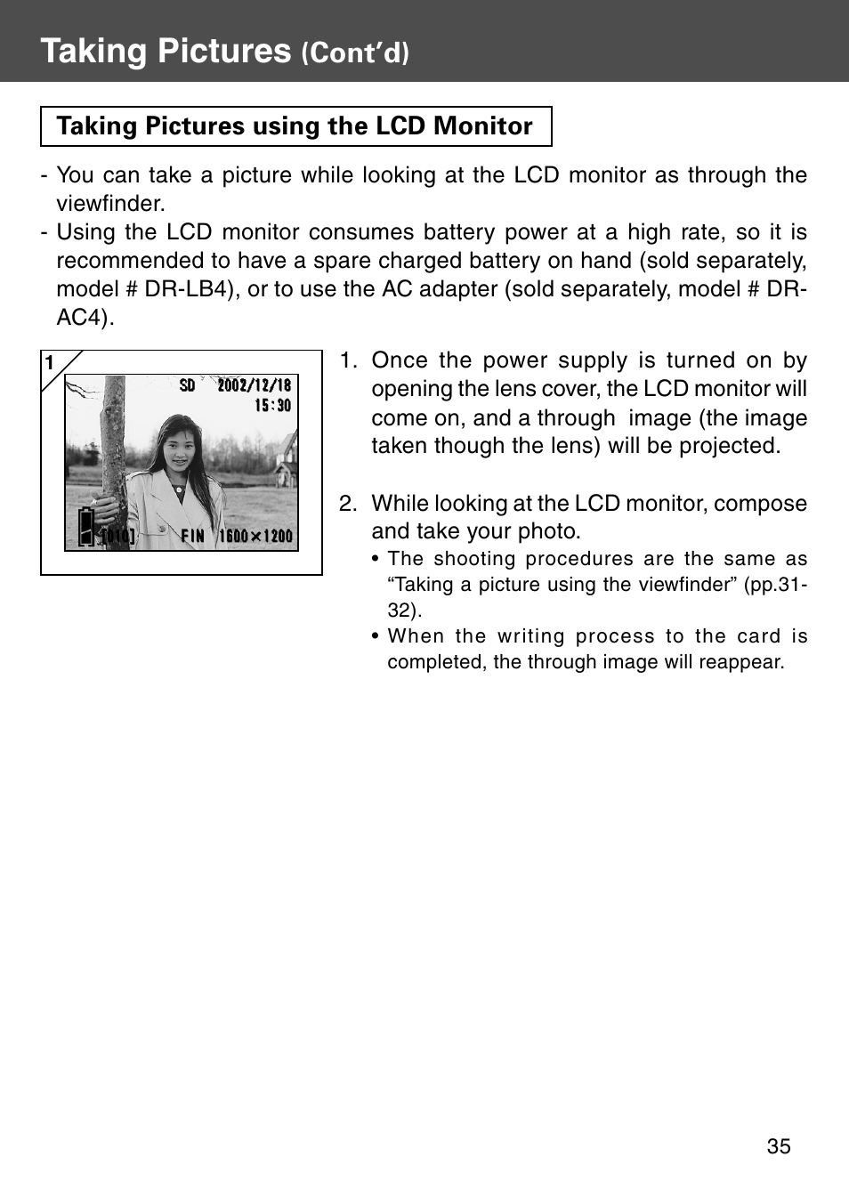 Taking pictures using the lcd monitor, Taking pictures, Cont’d) | Konica Minolta Digital Revio KD-500Z User Manual | Page 35 / 125