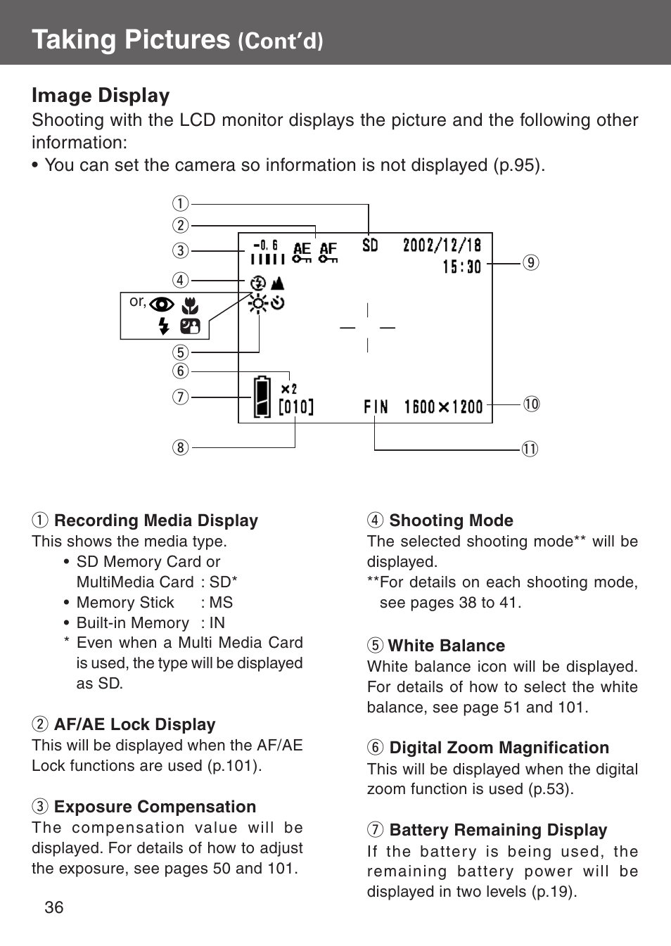 Taking pictures, Cont’d), Image display | Konica Minolta Digital Revio KD-500Z User Manual | Page 36 / 125