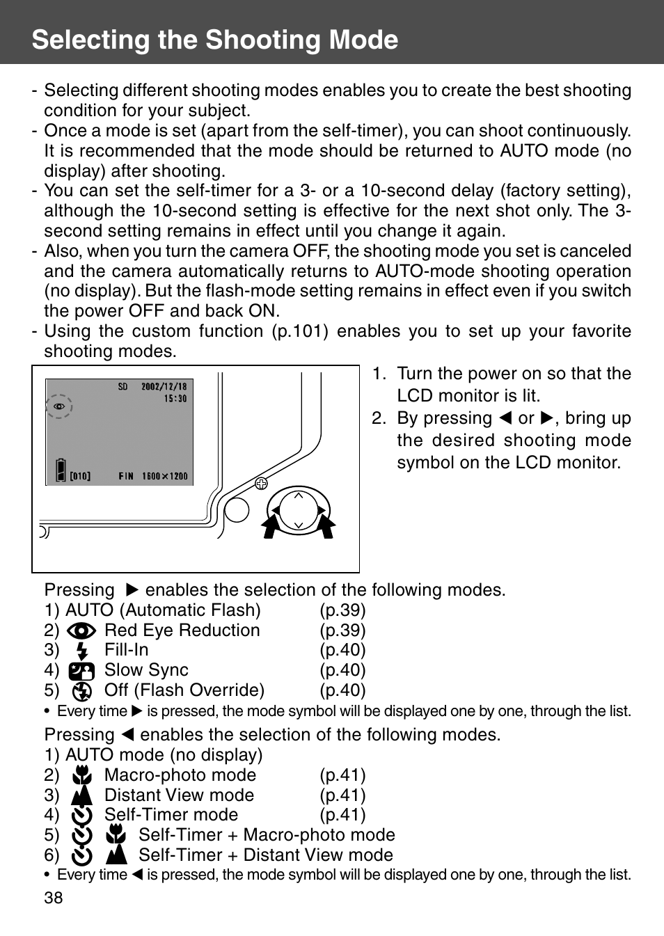 Selecting the shooting mode | Konica Minolta Digital Revio KD-500Z User Manual | Page 38 / 125