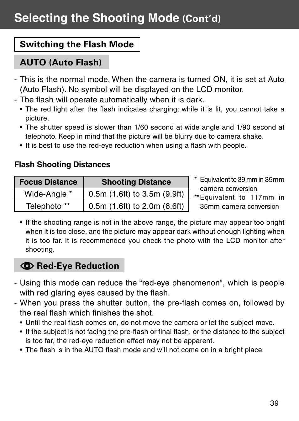 Auto (auto flash), Red-eye reduction, Selecting the shooting mode | Cont’d), Switching the flash mode auto (auto flash) | Konica Minolta Digital Revio KD-500Z User Manual | Page 39 / 125