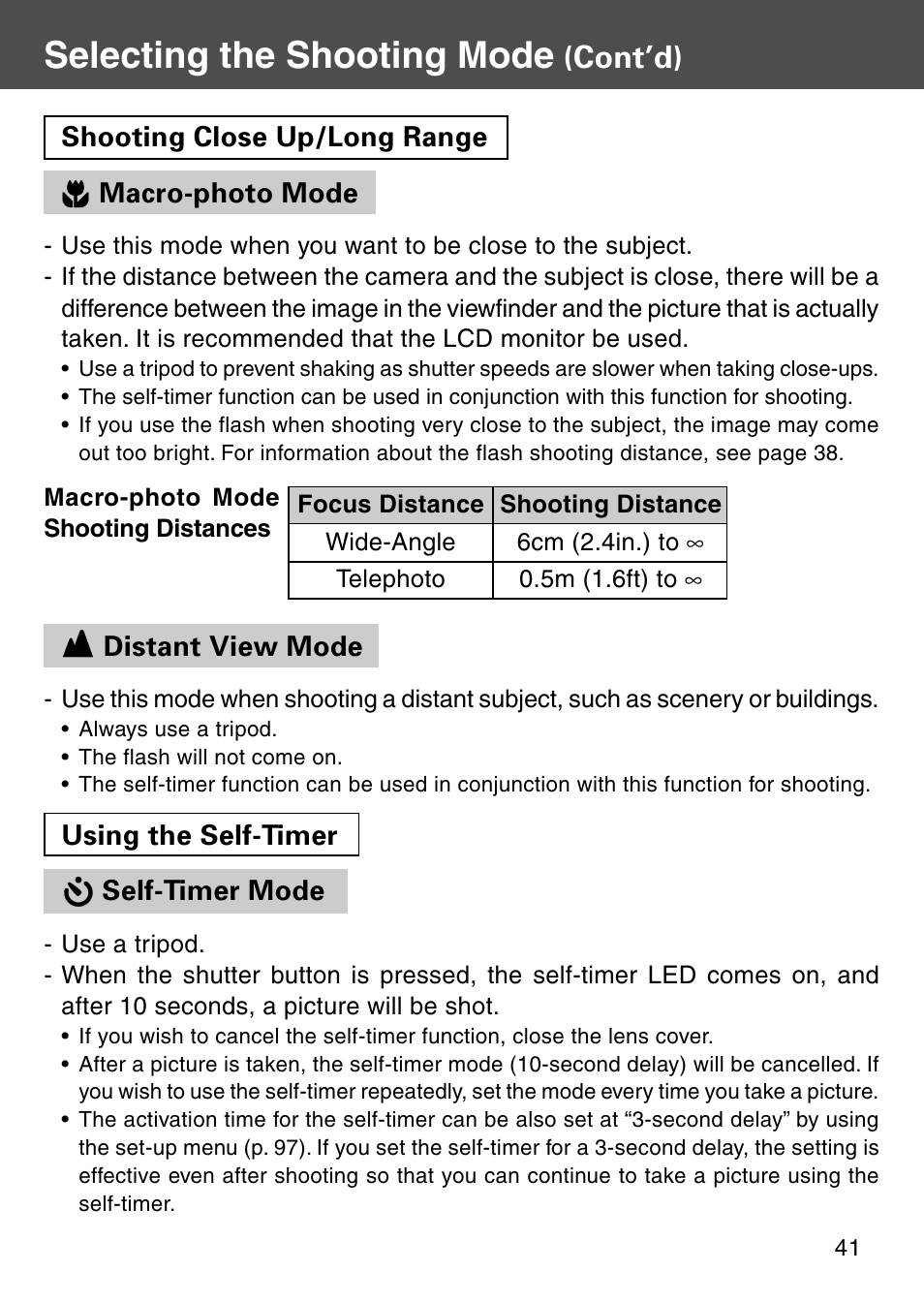 Macro-photo mode, Distant view mode, Self-timer mode | Macro-photo mode distant view mode self-timer mode, Selecting the shooting mode, Cont’d) | Konica Minolta Digital Revio KD-500Z User Manual | Page 41 / 125