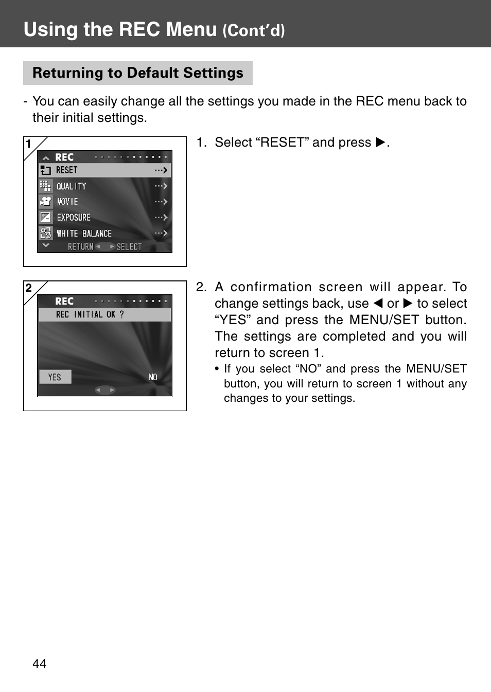 Returning to default settings, Using the rec menu, Cont’d) | Konica Minolta Digital Revio KD-500Z User Manual | Page 44 / 125