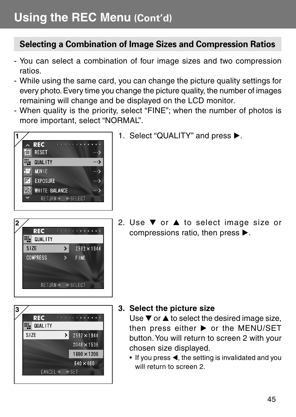 Selecting a combination of image sizes and, Compression ratios, Using the rec menu | Cont’d) | Konica Minolta Digital Revio KD-500Z User Manual | Page 45 / 125