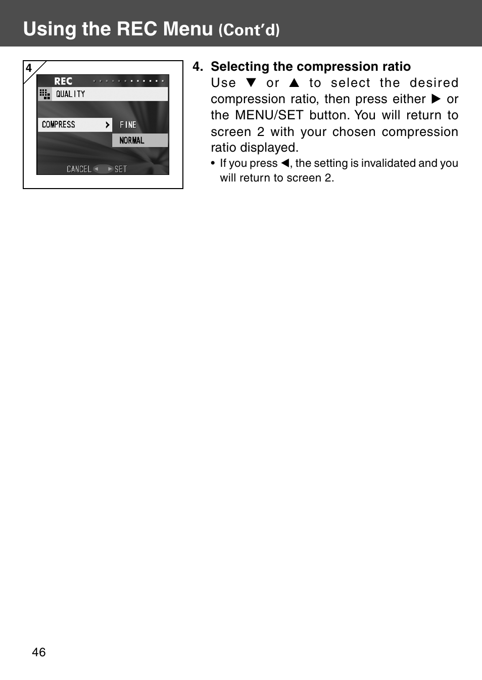 Using the rec menu, Cont’d) | Konica Minolta Digital Revio KD-500Z User Manual | Page 46 / 125