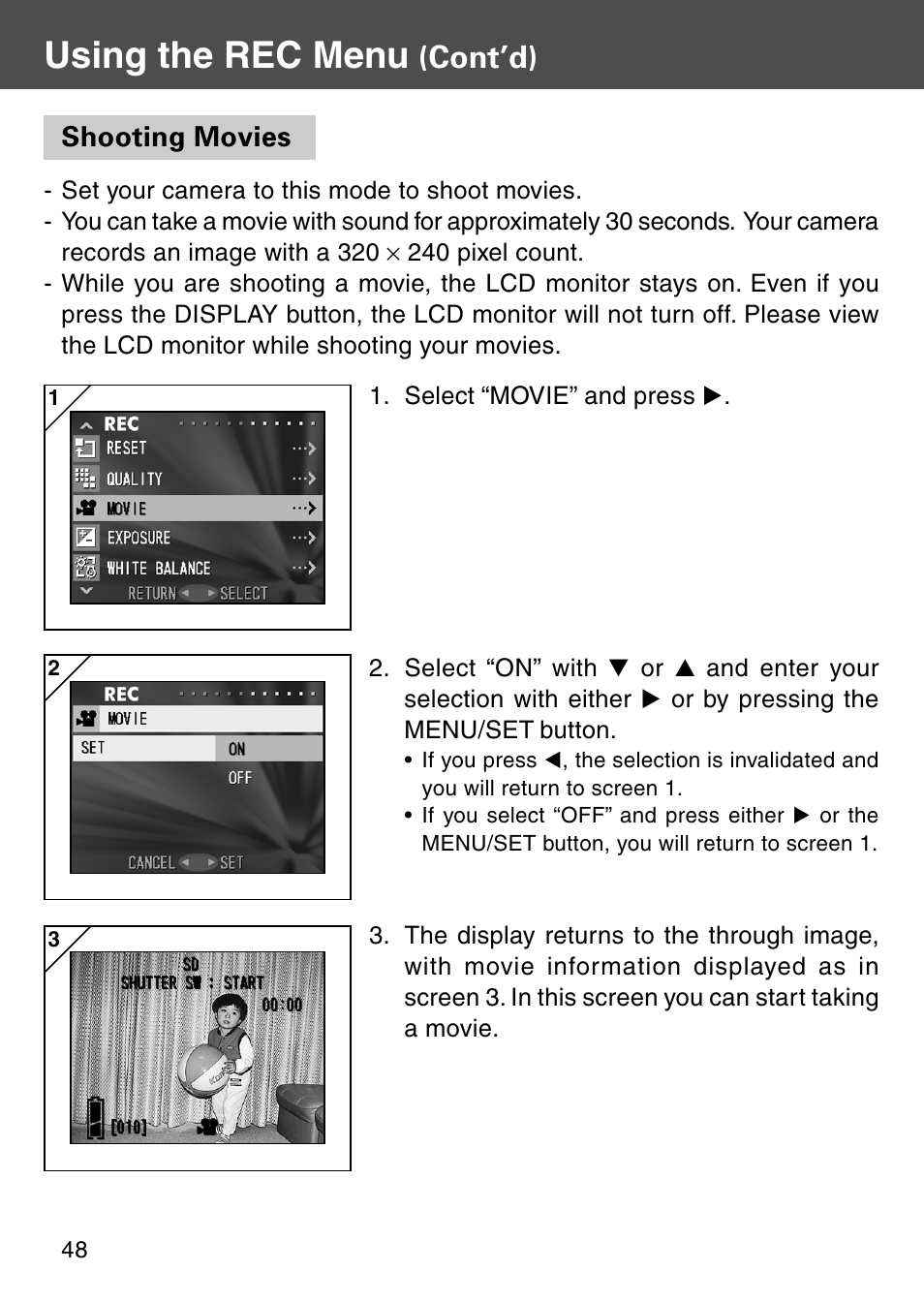 Shooting movies, Using the rec menu, Cont’d) | Konica Minolta Digital Revio KD-500Z User Manual | Page 48 / 125