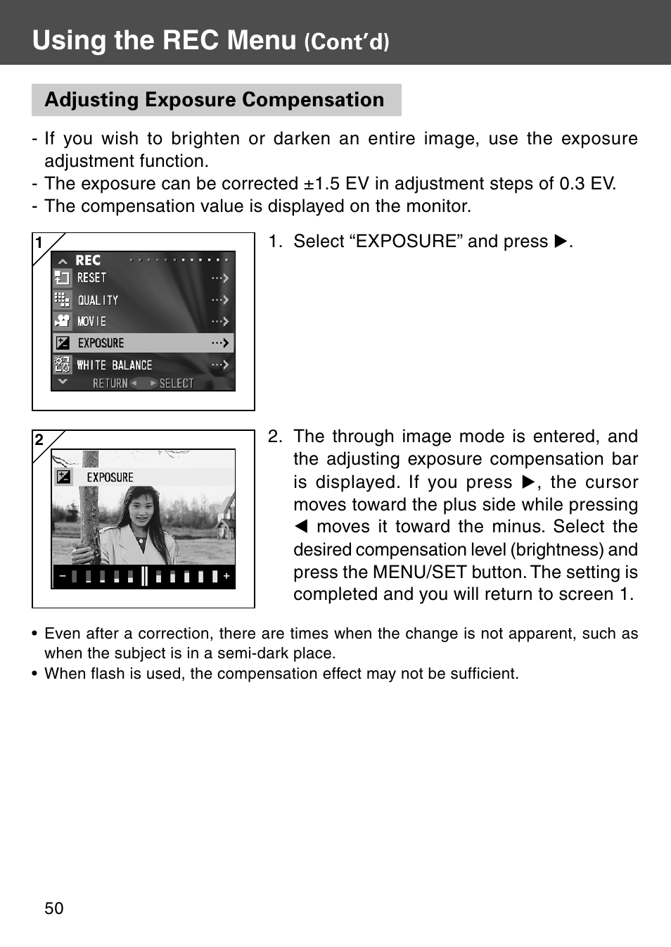 Adjusting exposure compensation, Using the rec menu, Cont’d) | Konica Minolta Digital Revio KD-500Z User Manual | Page 50 / 125