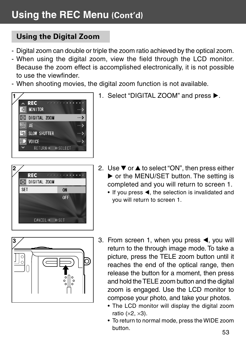 Using the digital zoom, Using the rec menu, Cont’d) | Konica Minolta Digital Revio KD-500Z User Manual | Page 53 / 125