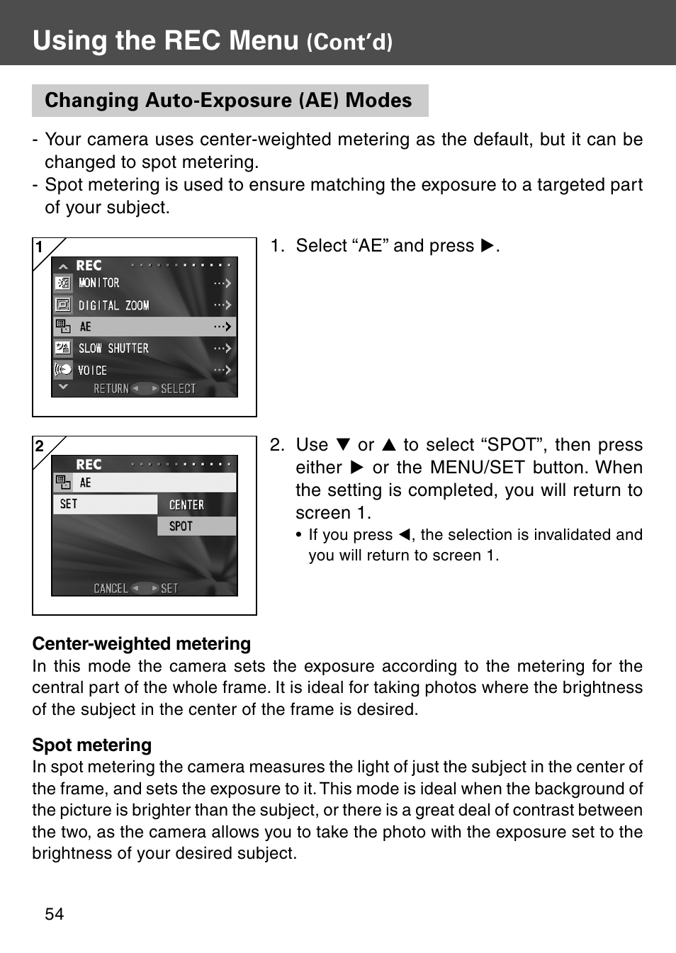Changing auto-exposure (ae) modes, Using the rec menu, Cont’d) | Konica Minolta Digital Revio KD-500Z User Manual | Page 54 / 125