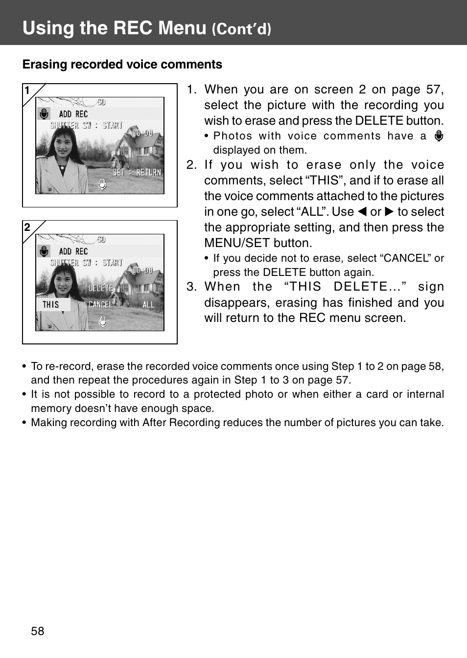 Using the rec menu, Cont’d) | Konica Minolta Digital Revio KD-500Z User Manual | Page 58 / 125