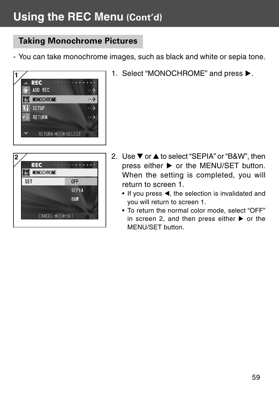 Taking monochrome pictures, Using the rec menu, Cont’d) | Konica Minolta Digital Revio KD-500Z User Manual | Page 59 / 125